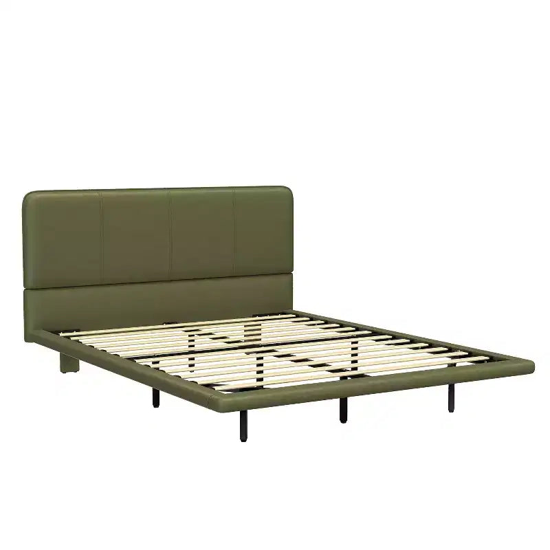 Cadre de lit flottant Queen Size avec lumières LED, sommier tapissier moderne en cuir PU pour chambre à coucher