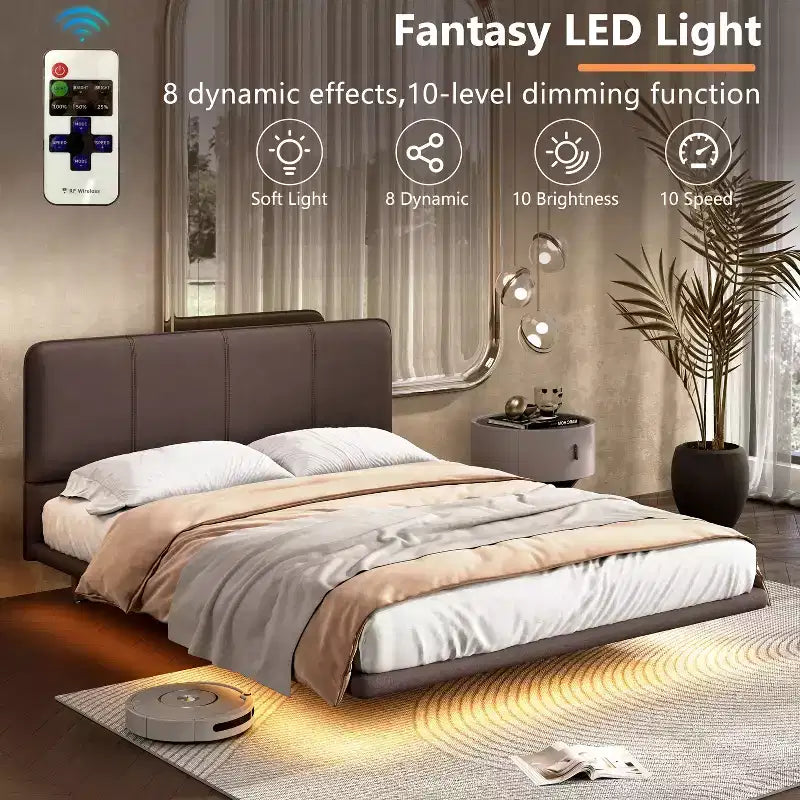 Cadre de lit flottant Queen Size avec lumières LED, sommier tapissier moderne en cuir PU pour chambre à coucher