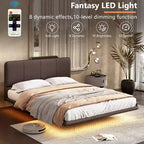 Cadre de lit flottant Queen Size avec lumières LED, sommier tapissier moderne en cuir PU pour chambre à coucher