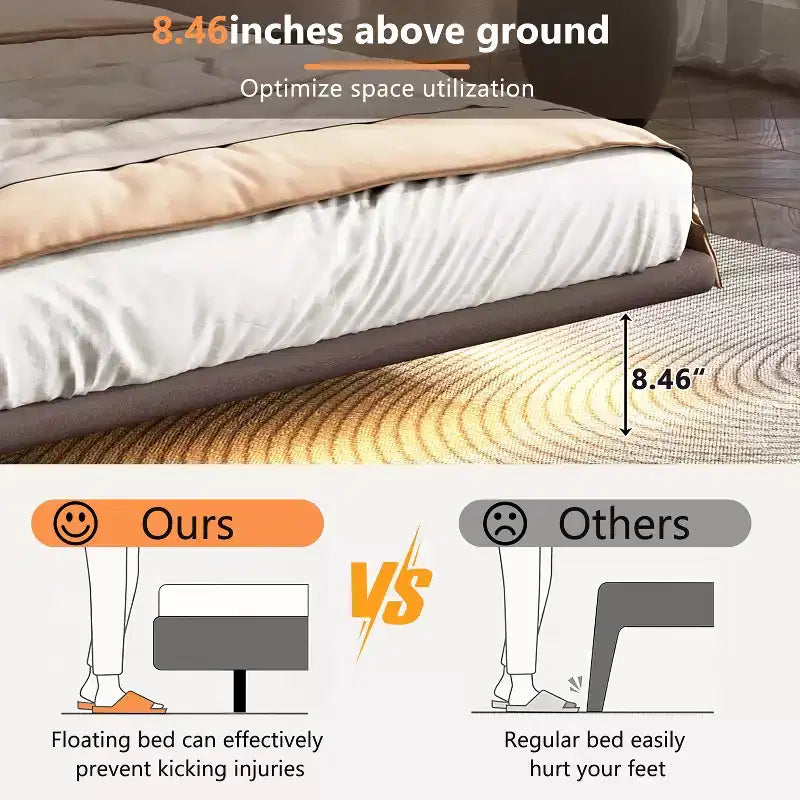 Cadre de lit flottant Queen Size avec lumières LED, sommier tapissier moderne en cuir PU pour chambre à coucher