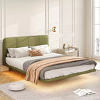 Cadre de lit flottant Queen Size avec lumières LED, sommier tapissier moderne en cuir PU pour chambre à coucher
