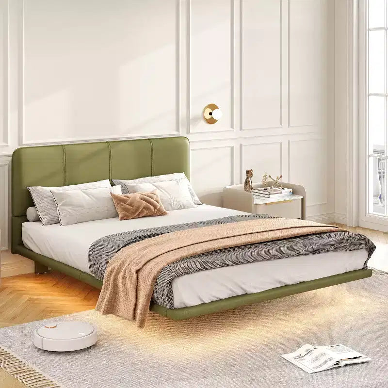 Cadre de lit flottant Queen Size avec lumières LED, sommier tapissier moderne en cuir PU pour chambre à coucher