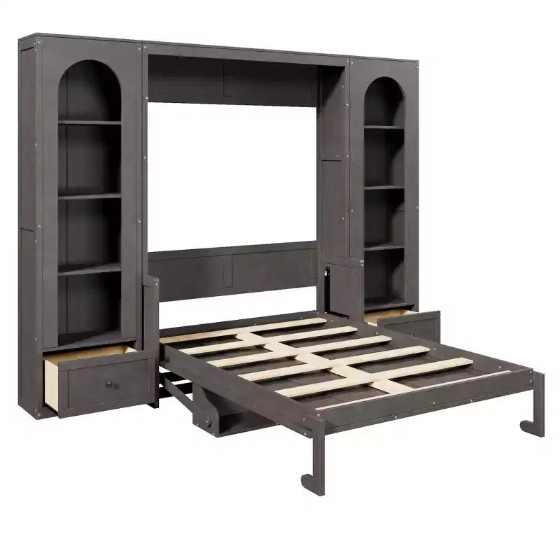 Lit escamotable Queen Size avec armoires latérales et éclairage LED, lit armoire mural pliant avec étagères de rangement et tiroirs pour chambre d'amis, gris