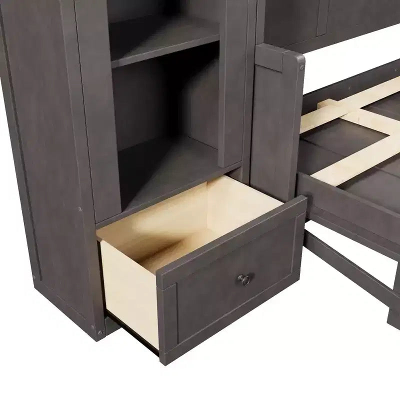 Lit escamotable Queen Size avec armoires latérales et éclairage LED, lit armoire mural pliant avec étagères de rangement et tiroirs pour chambre d'amis, gris