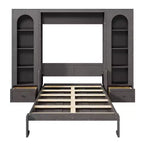 Lit escamotable Queen Size avec armoires latérales et éclairage LED, lit armoire mural pliant avec étagères de rangement et tiroirs pour chambre d'amis, gris