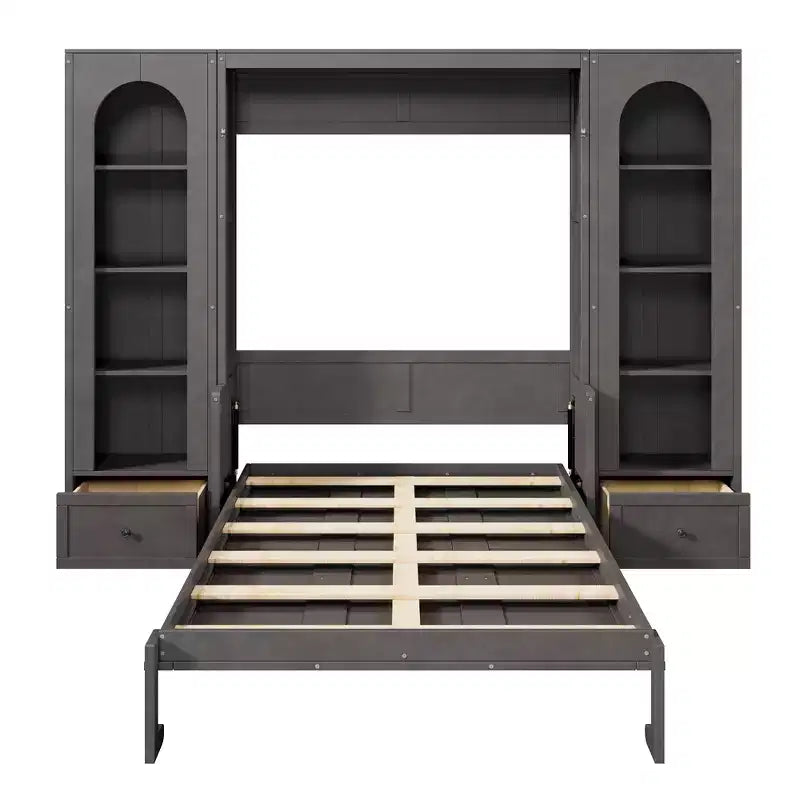 Lit escamotable Queen Size avec armoires latérales et éclairage LED, lit armoire mural pliant avec étagères de rangement et tiroirs pour chambre d'amis, gris
