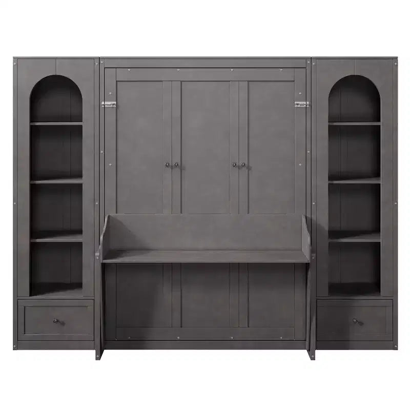 Lit escamotable Queen Size avec armoires latérales et éclairage LED, lit armoire mural pliant avec étagères de rangement et tiroirs pour chambre d'amis, gris
