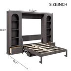 Lit escamotable Queen Size avec armoires latérales et éclairage LED, lit armoire mural pliant avec étagères de rangement et tiroirs pour chambre d'amis, gris