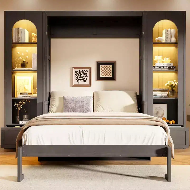 Lit escamotable Queen Size avec armoires latérales et éclairage LED, lit armoire mural pliant avec étagères de rangement et tiroirs pour chambre d'amis, gris