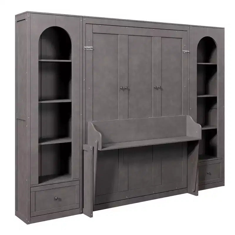 Lit escamotable Queen Size avec armoires latérales et éclairage LED, lit armoire mural pliant avec étagères de rangement et tiroirs pour chambre d'amis, gris