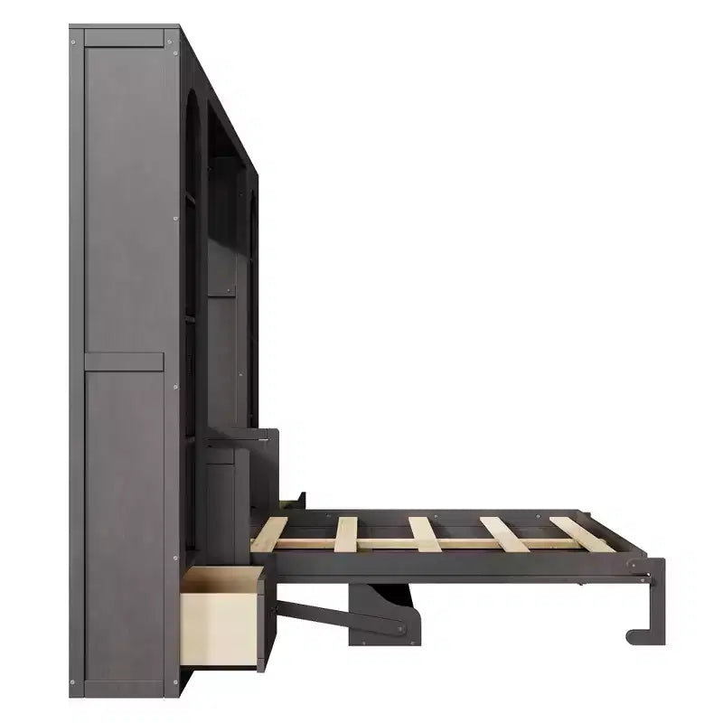 Lit escamotable Queen Size avec armoires latérales et éclairage LED, lit armoire mural pliant avec étagères de rangement et tiroirs pour chambre d'amis, gris