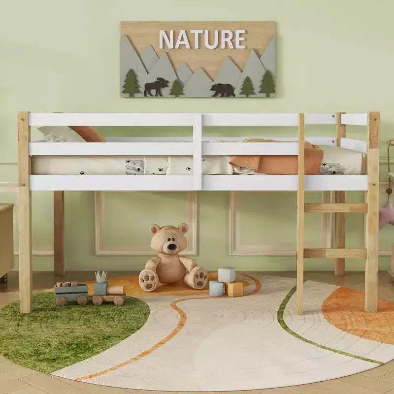 Twin Size Loft Bed with Ladder for Kids Teens, Wooden Loft Bed Frame with Strengthened Slats for Bedroom, Natural+White