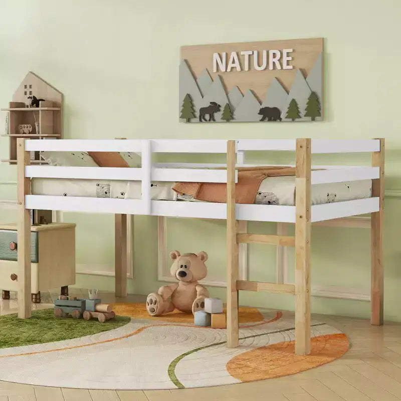 Lit mezzanine double avec échelle pour enfants et adolescents, cadre de lit mezzanine en bois avec lattes renforcées pour chambre à coucher, naturel+blanc