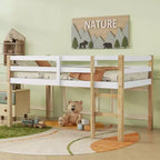 Lit mezzanine double avec échelle pour enfants et adolescents, cadre de lit mezzanine en bois avec lattes renforcées pour chambre à coucher, naturel+blanc
