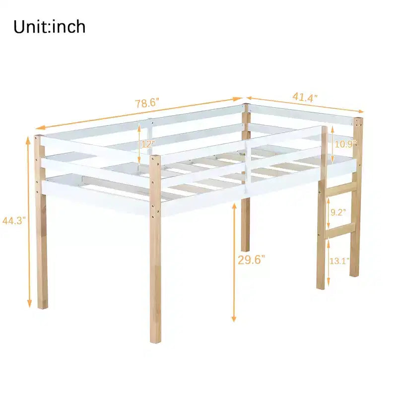 Lit mezzanine double avec échelle pour enfants et adolescents, cadre de lit mezzanine en bois avec lattes renforcées pour chambre à coucher, naturel+blanc