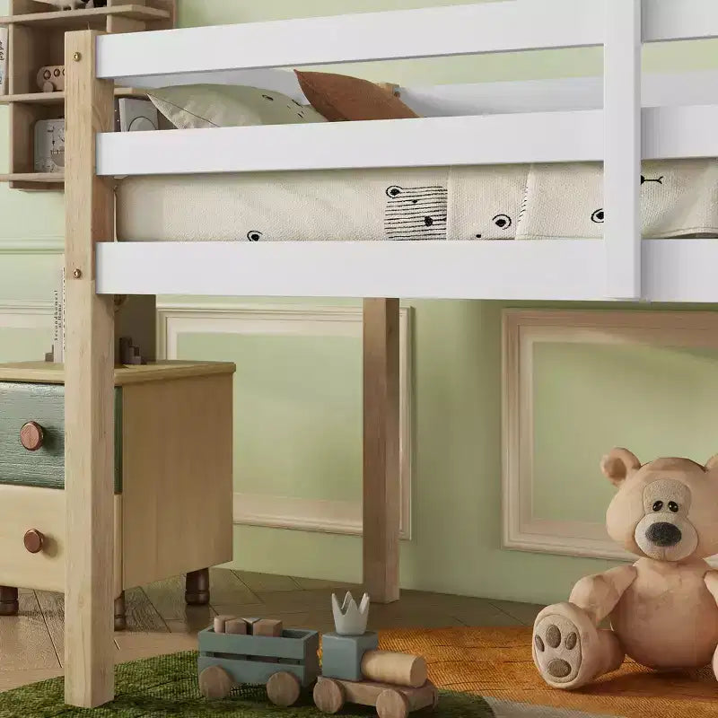 Lit mezzanine double avec échelle pour enfants et adolescents, cadre de lit mezzanine en bois avec lattes renforcées pour chambre à coucher, naturel+blanc