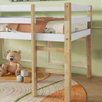 Lit mezzanine double avec échelle pour enfants et adolescents, cadre de lit mezzanine en bois avec lattes renforcées pour chambre à coucher, naturel+blanc
