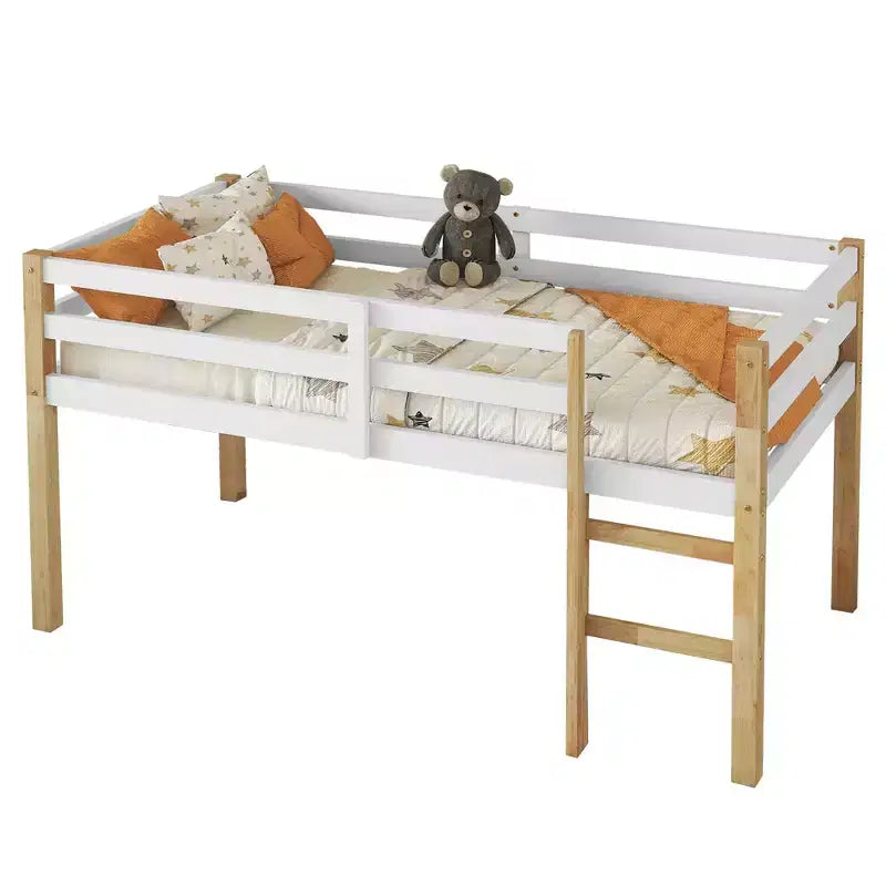 Lit mezzanine double avec échelle pour enfants et adolescents, cadre de lit mezzanine en bois avec lattes renforcées pour chambre à coucher, naturel+blanc