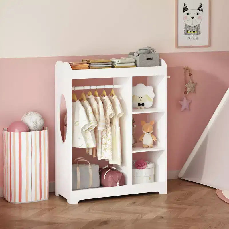 Kids Dress Up Storage Rack with Mirror, Wooden Costume Organizer with Hanging Rod, Hooks & Shelves, White