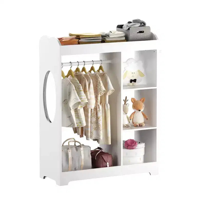 Portant de rangement pour déguisements d'enfants avec miroir, organisateur de costumes en bois avec tringle à suspendre, crochets et étagères, blanc