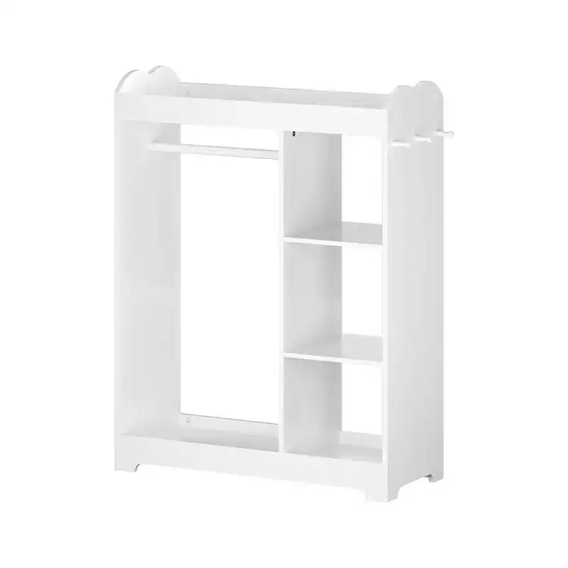 Portant de rangement pour déguisements d'enfants avec miroir, organisateur de costumes en bois avec tringle à suspendre, crochets et étagères, blanc