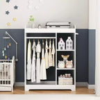 Portant de rangement pour déguisements d'enfants avec miroir, organisateur de costumes en bois avec tringle à suspendre, crochets et étagères, blanc