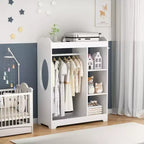 Portant de rangement pour déguisements d'enfants avec miroir, organisateur de costumes en bois avec tringle à suspendre, crochets et étagères, blanc