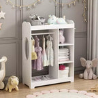 Portant de rangement pour déguisements d'enfants avec miroir, organisateur de costumes en bois avec tringle à suspendre, crochets et étagères, blanc