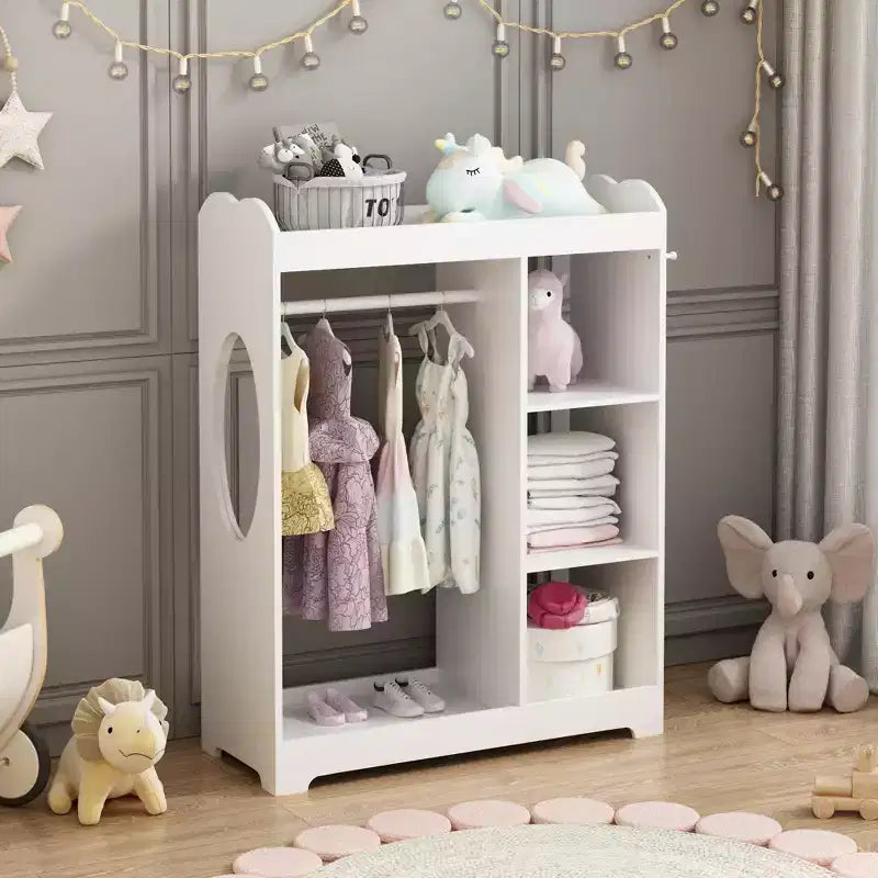 Portant de rangement pour déguisements d'enfants avec miroir, organisateur de costumes en bois avec tringle à suspendre, crochets et étagères, blanc