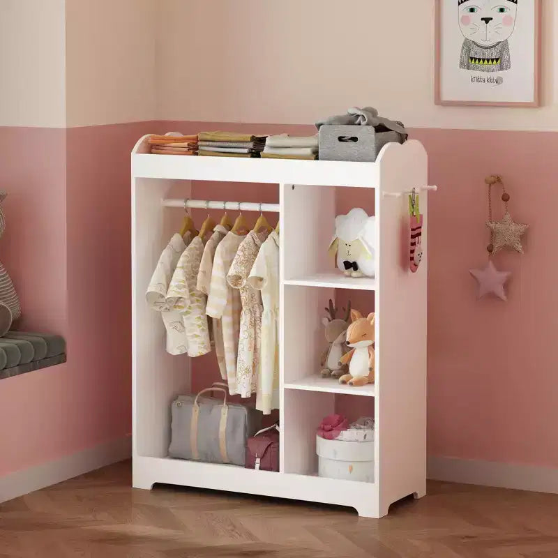 Portant de rangement pour déguisements d'enfants avec miroir, organisateur de costumes en bois avec tringle à suspendre, crochets et étagères, blanc