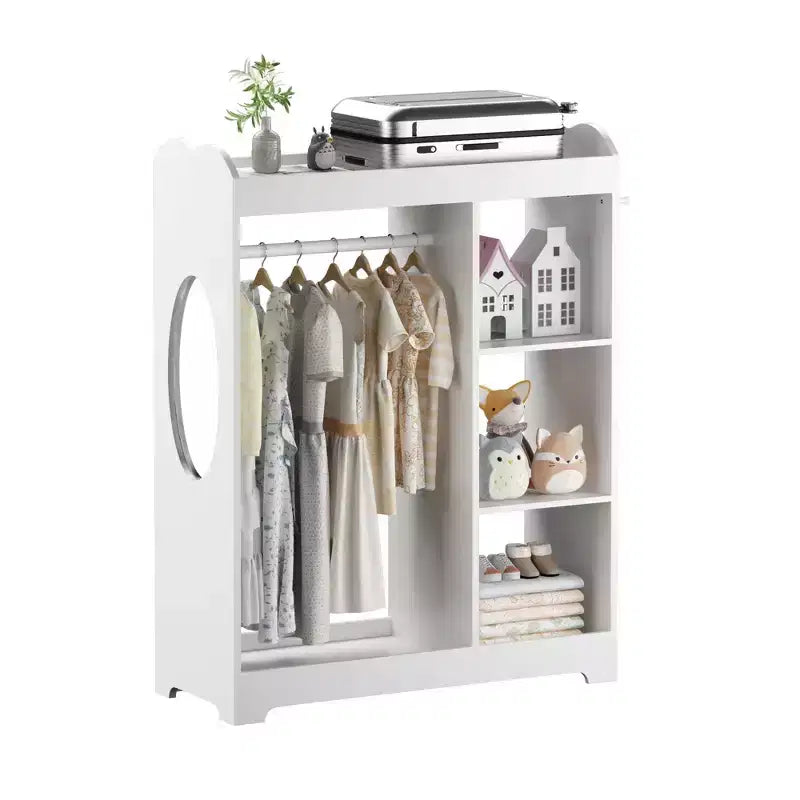 Portant de rangement pour déguisements d'enfants avec miroir, organisateur de costumes en bois avec tringle à suspendre, crochets et étagères, blanc