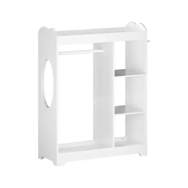 Portant de rangement pour déguisements d'enfants avec miroir, organisateur de costumes en bois avec tringle à suspendre, crochets et étagères, blanc