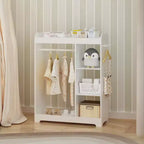 Portant de rangement pour déguisements d'enfants avec miroir, organisateur de costumes en bois avec tringle à suspendre, crochets et étagères, blanc