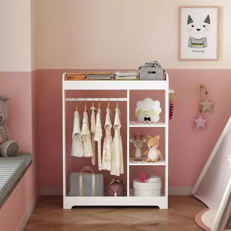 Portant de rangement pour déguisements d'enfants avec miroir, organisateur de costumes en bois avec tringle à suspendre, crochets et étagères, blanc
