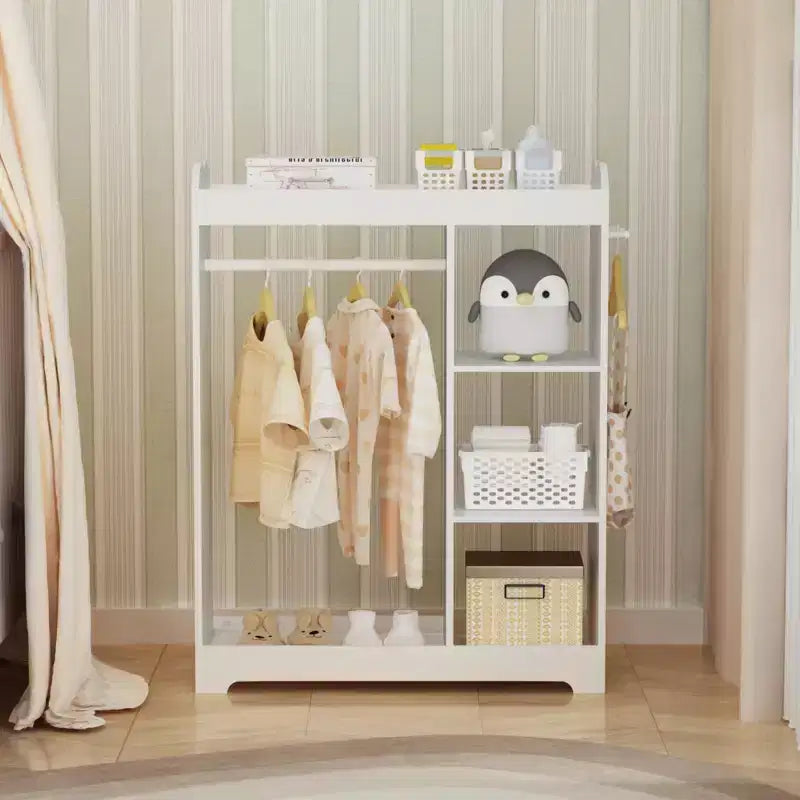 Portant de rangement pour déguisements d'enfants avec miroir, organisateur de costumes en bois avec tringle à suspendre, crochets et étagères, blanc
