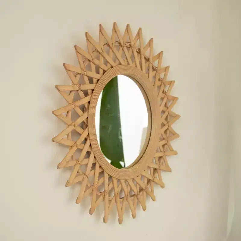Miroir mural décoratif rond moderne en bambou de 24 pouces avec tissage artisanal, petit miroir circulaire pour entrée ou salon - Panipeachy