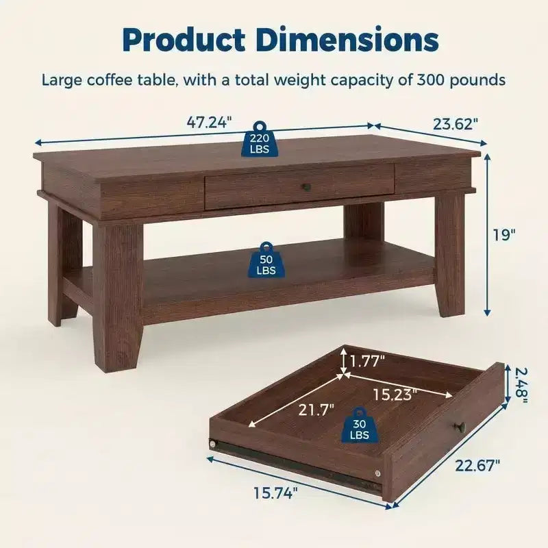 Table basse rustique de ferme 47,2 po – Capacité de 136 kg, avec tiroir et étagère de rangement – Idéale pour le salon (1 paquet)