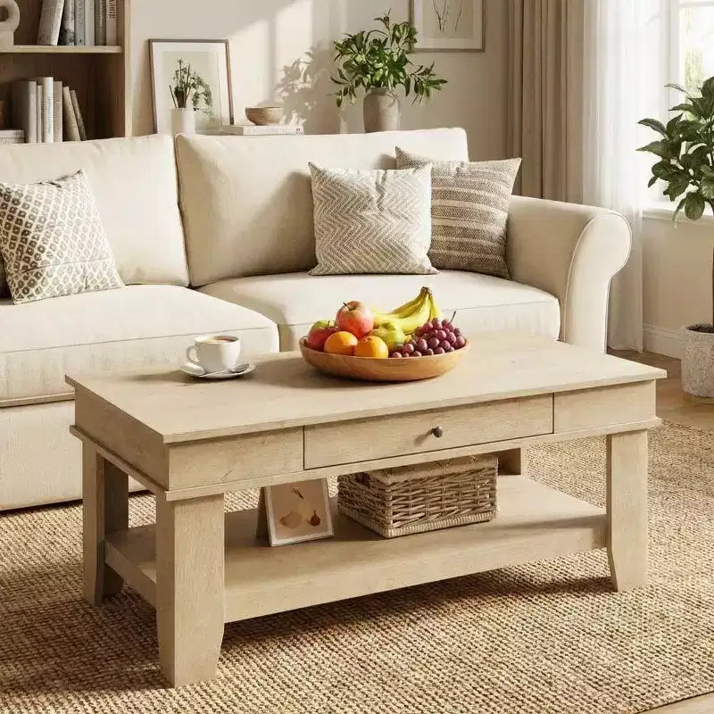 Table basse rustique de ferme 47,2 po – Capacité de 136 kg, avec tiroir et étagère de rangement – Idéale pour le salon (1 paquet)