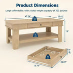 Table basse rustique de ferme 47,2 po – Capacité de 136 kg, avec tiroir et étagère de rangement – Idéale pour le salon (1 paquet)