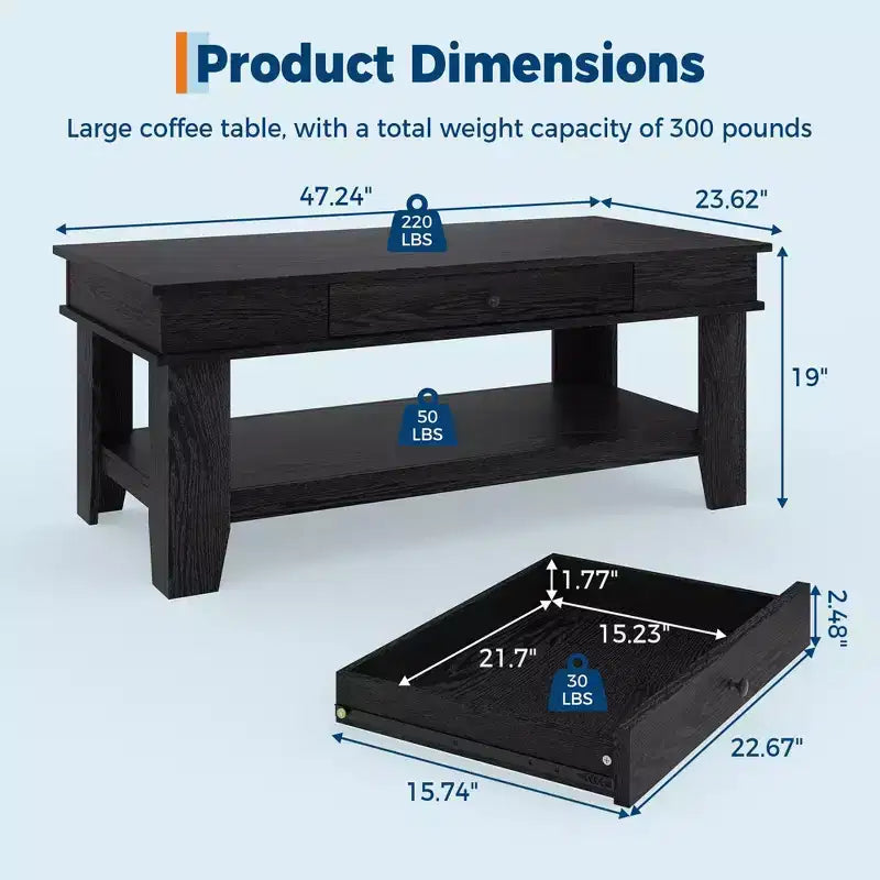 Table basse rustique de ferme 47,2 po – Capacité de 136 kg, avec tiroir et étagère de rangement – Idéale pour le salon (1 paquet)