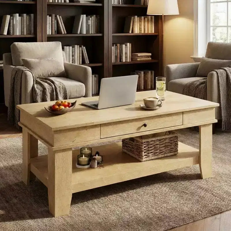 Table basse rustique de ferme 47,2 po – Capacité de 136 kg, avec tiroir et étagère de rangement – Idéale pour le salon (1 paquet)
