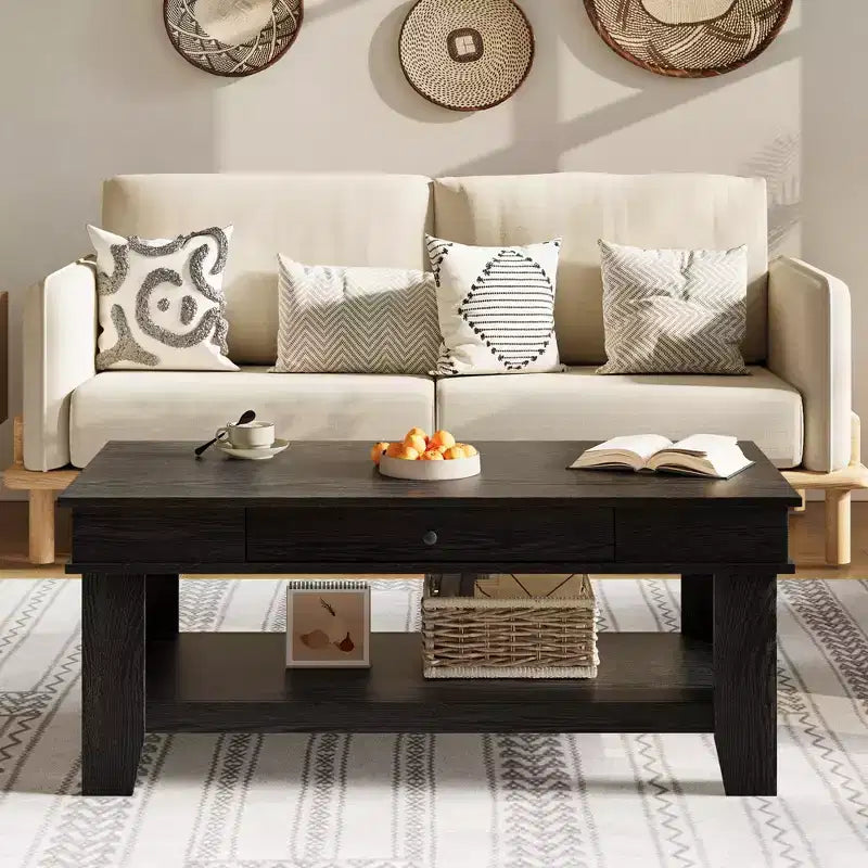 Table basse rustique de ferme 47,2 po – Capacité de 136 kg, avec tiroir et étagère de rangement – Idéale pour le salon (1 paquet)