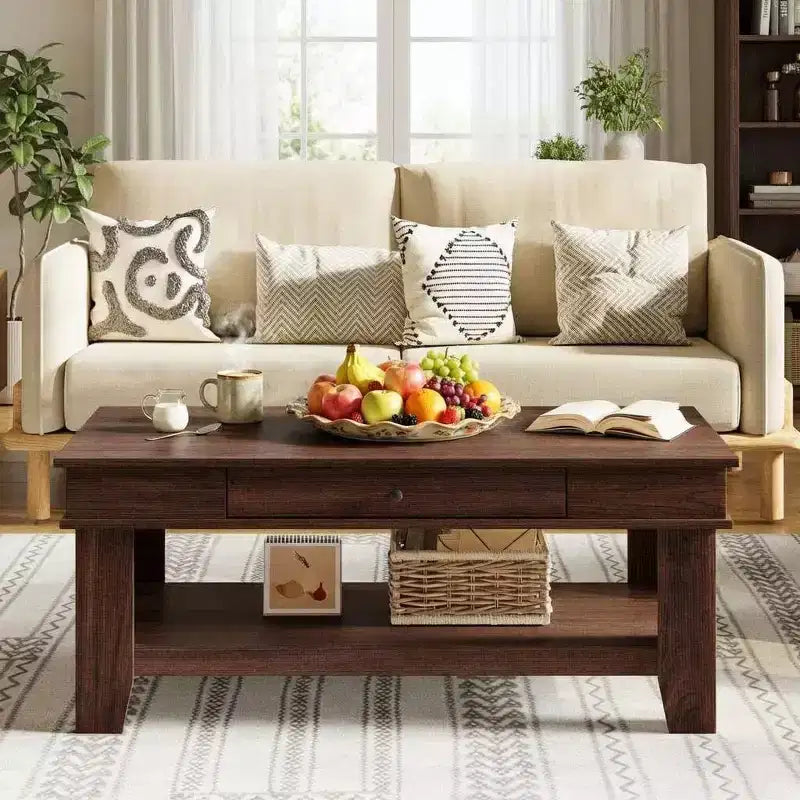 Table basse rustique de ferme 47,2 po – Capacité de 136 kg, avec tiroir et étagère de rangement – Idéale pour le salon (1 paquet)