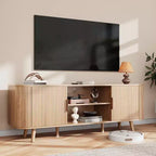 Meuble TV 55 pouces pour chambre et salon, meuble TV en chêne pour téléviseur 65 pouces, meuble de rangement moderne du milieu du siècle, détails en bois cannelé, gestion des câbles