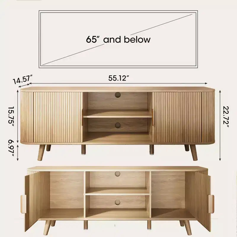 Meuble TV 55 pouces pour chambre et salon, meuble TV en chêne pour téléviseur 65 pouces, meuble de rangement moderne du milieu du siècle, détails en bois cannelé, gestion des câbles