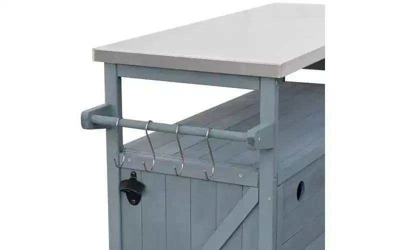 JVNOXK Îlot de cuisine mobile d'extérieur et meuble de rangement style ferme avec plan de travail en acier inoxydable et étagère à épices Convient pour les cuisines Gris-bleu