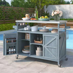 JVNOXK Îlot de cuisine mobile d'extérieur et meuble de rangement style ferme avec plan de travail en acier inoxydable et étagère à épices Convient pour les cuisines Gris-bleu