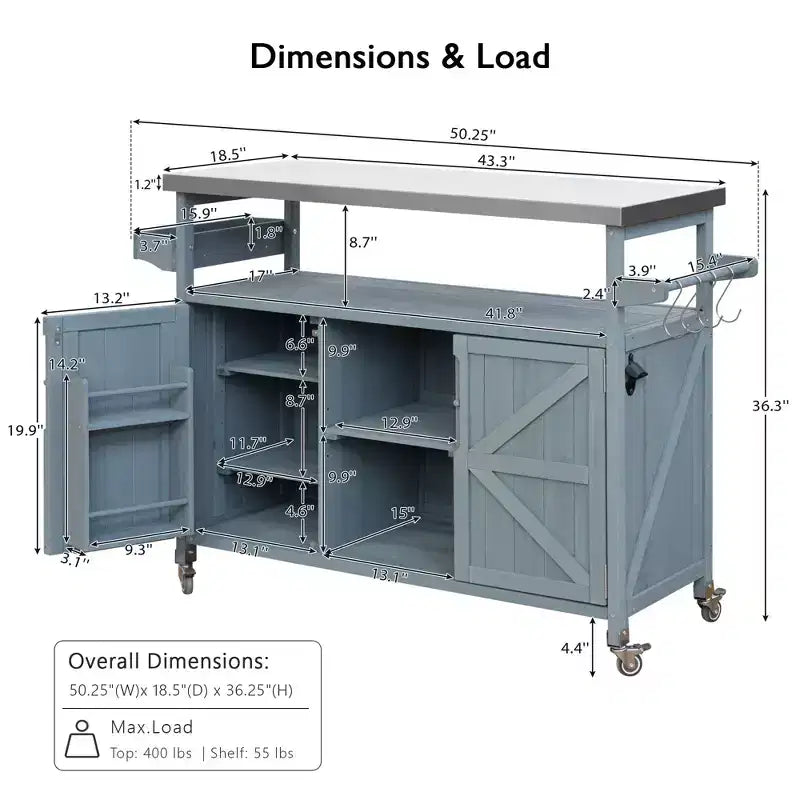 JVNOXK Îlot de cuisine mobile d'extérieur et meuble de rangement style ferme avec plan de travail en acier inoxydable et étagère à épices Convient pour les cuisines Gris-bleu