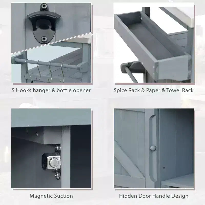 JVNOXK Îlot de cuisine mobile d'extérieur et meuble de rangement style ferme avec plan de travail en acier inoxydable et étagère à épices Convient pour les cuisines Gris-bleu
