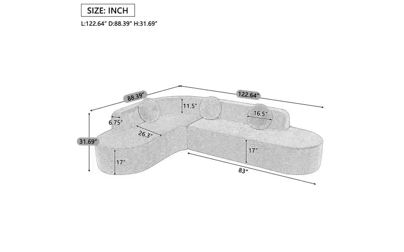 Canapé d'angle extra large Whisen 310 cm, canapé élégant en tissu avec trois coussins ronds, mousse haute résilience